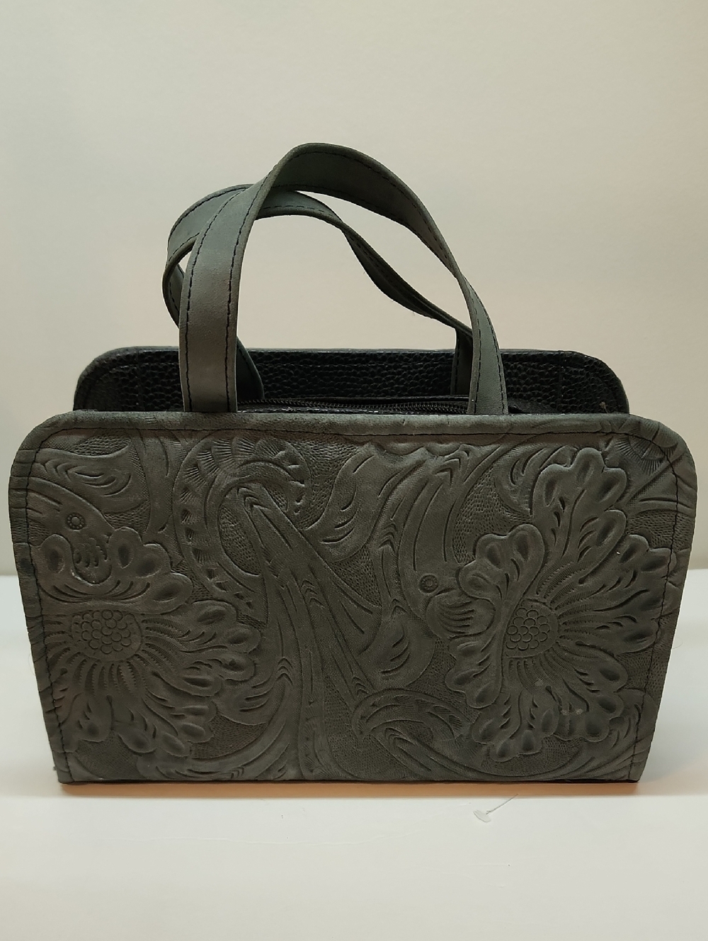 Embossed Floral Grey Leather Satchel